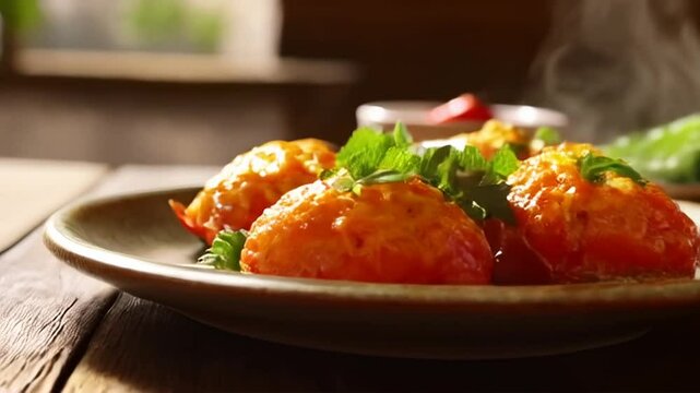 Papas Rellenas Stuffed Potatoes Served with Herbs on Wooden Plate for Menu and Decoration
