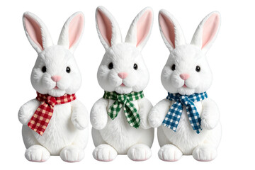 Obraz premium Set of a Cute, realistic plush bunnies with white fur and checkered scarves around their necks, isolated on a transparent background