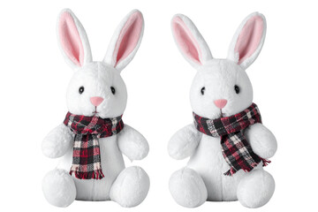 Fototapeta premium Cute, realistic plush bunnies with white fur and checkered scarves around their necks, isolated on a transparent background