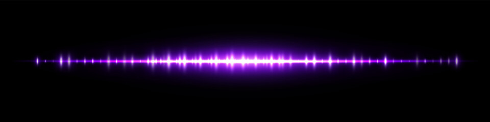 Purple soundwave with glowing bars and mirror effect on black. Perfect for electronic audio interface, modern music visuals, voice recording design, signal transmission and digital media.