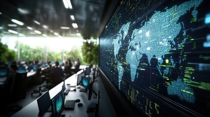 A digital world map displayed on a large screen dominates a modern high tech office space with multiple employees and bright natural sunlight.