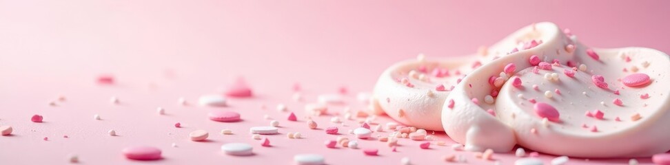 Delicate pink & white cream blend; colorful sprinkles scattered Pink background , design element, yummy, food