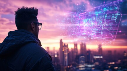 A man gazes at a vibrant digital holographic projection above the cityscape, contemplating future technology and urban innovation outdoors.