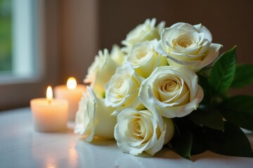 Obraz premium Elegant white rose bouquet, flickering candlelight, peaceful setting , candlelight, soft light, hope