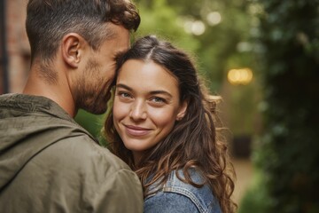 Obraz premium A smiling woman embraces her partner in a tender moment of love and connection, outside.
