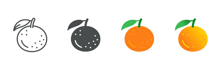 Orange Color Variations Icon Set. Simple Line and Filled Illustrations of Citrus Fruit Showing Outline, Solid, Flat, and Gradient Styles for Versatile Branding and UI.