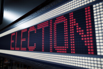 Close-up of a red LED display showing the word "Elton".  The display showcases a grid of small, illuminated squares, representing modern technology and signage
