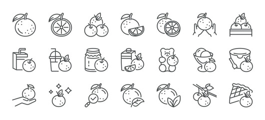Oranges Icon Set. Thin Line Illustrations of Whole Oranges, Sliced Citrus, Branches, Crates, and Leaves Representing Fresh Produce, Vitamin C, and Natural Citrus Fruits
