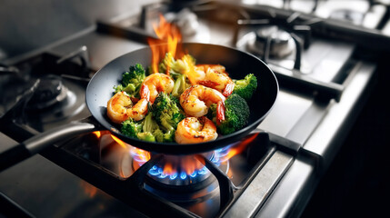 Shrimp and broccoli flamb&eacute; in a non-stick pan over the high heat of a modern gas stove