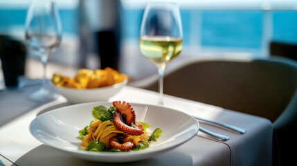 Tagliatelle with octopus and fresh herbs, served in a coastal fine dining setting