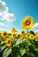 Obraz premium Towering sunflowers under a partly cloudy sky, stems, botanical, plant