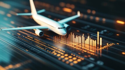The world of aviation and financial market: A detailed digital rendering showcases a passenger aircraft soaring over a dynamic graph symbolizing financial trading in a high-tech digital world.