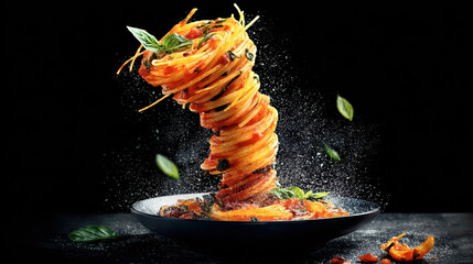 A tornado of spaghetti, splashing tomato sauce, basil leaves and parmesan cheese all around it, served on a black ceramic plate, isolated on black background