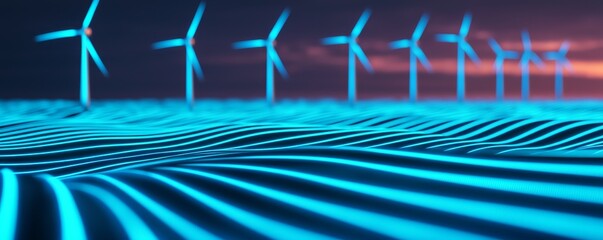 Fototapeta premium Colorful wind turbines against a surreal blue landscape at dusk. Renewable resources and tide concept.