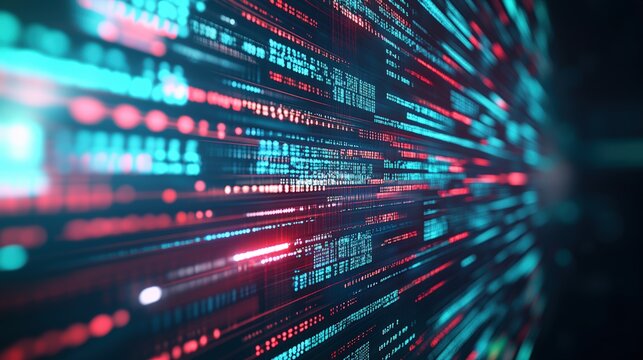 Abstract visualization of streaming data and code with bright turquoise and red colors creating a futuristic tech background image with motion.