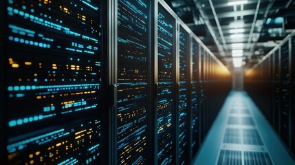 Servers in data center with bright lights on the panels show depth of information processing power of network technology infrastructure.
