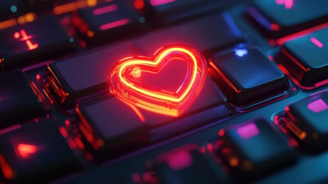 Creative computer keyboard featuring a glowing heart sign key in a modern workspace setup, &ETH;&iexcl;omputer keyboard with the heart sign on its key 3D render