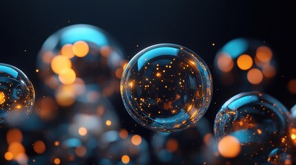 Abstract Bubbles with Glowing Orbs: Intriguing composition featuring transparent orbs filled with radiant particles, set against a dark backdrop that creates a mesmerizing display.