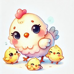 Cartoon mother chicken with three happy yellow chicks standing together on white background. Watercolor illustration.