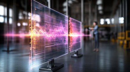 Digital screens display vibrant data visualizations in an industrial space, highlighting technological advancement and connectivity in manufactu.