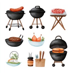 Barbecue essentials in minimal watercolor clipart style on white background for creative designs