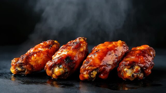 Smoky spicy buffalo chicken wings served against a dark background for a mouthwatering experience, Smoky, spicy buffalo chicken wings on dark background