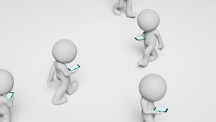 人混みの中、歩きスマホをするピクトグラムの3DCG