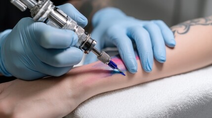 Tattoo artistry in progress: close-up of tattoo machine and ink application on skin,National Tattoo Day,