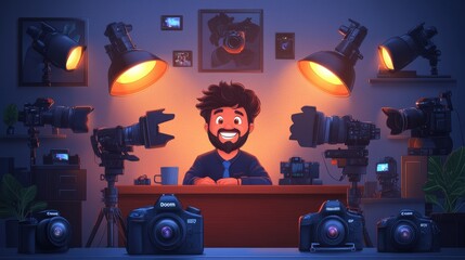 Enthusiastic photographer surrounded by professional camera equipment and studio lighting in a creative workspace ready to capture memories.