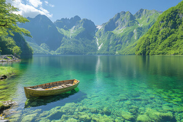 Obraz premium Tranquil Boat on Crystal Clear Mountain Lake for Nature and Travel Concepts