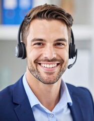 A vibrant and professional American customer care representative is seen smiling warmly while wearing a sleek headset in a modern office setting.