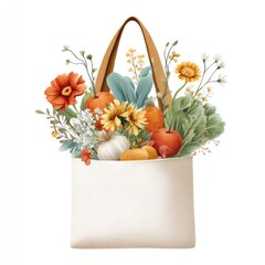 Illustrated tote bag filled with fresh autumn flowers and produce for seasonal decoration or eco-friendly shopping