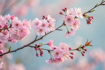 Blooming sakura branch with delicate pink flowers on a blurred blue spring sky. High quality photo