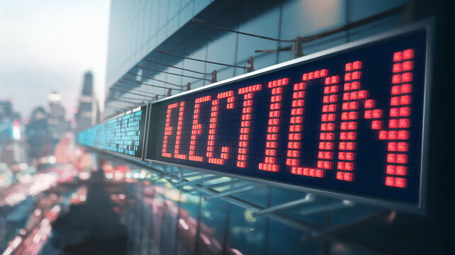 Red LED display showing "DECLIN" against a city backdrop, symbolizing market downturn or economic decrease