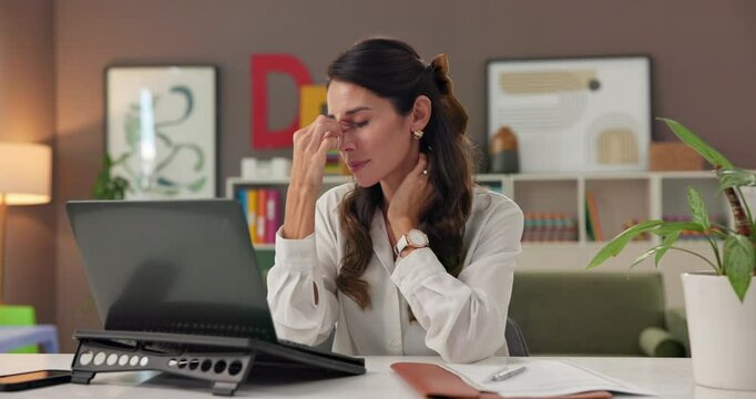 Fatigue, woman and teacher with headache on laptop for workload pressure, burnout and lesson mistake. Tired, person and migraine with online research, teaching fail and brain fog for grading deadline