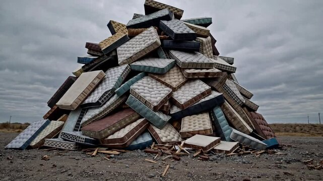 Towering mattress pyramid under overcast skies in industrial landscape