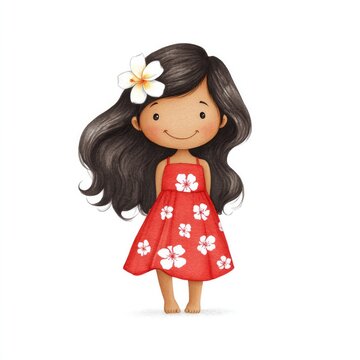Fototapeta Minimalistic watercolor of happy hawaiian girl with floral dress