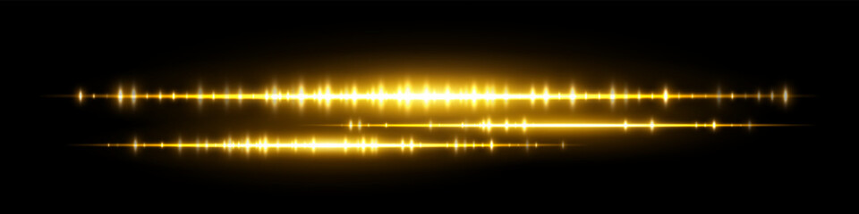 Glowing yellow soundwave with dual waveform lines and intense light peaks on black background. Suitable for audio visualization, podcast player, music track or signal analysis design.