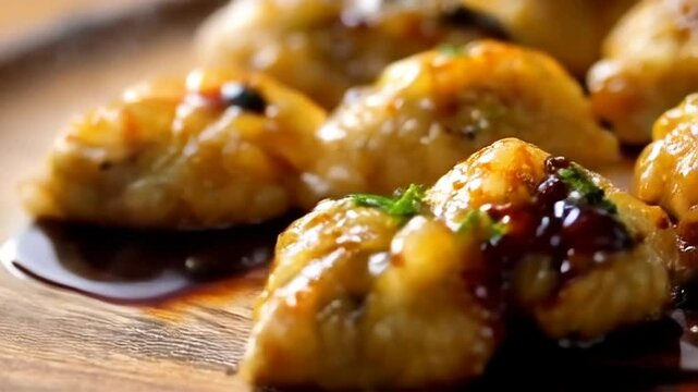 Savory Fried Dumplings with Glistening Sauce on Wooden Plate for Food Presentation and Culinary Projects