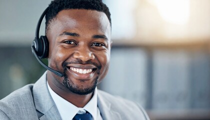 A vibrant and professional American customer care representative is seen smiling warmly while wearing a sleek headset in a modern office setting.