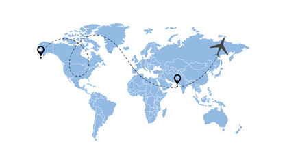 Obraz premium world map, flying white airplanes routes vector illustration