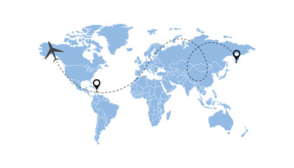 Naklejka premium world map, flying white airplanes routes vector illustration
