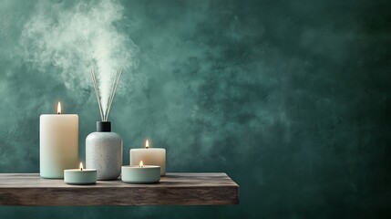 Scented candles and diffuser on wooden shelf