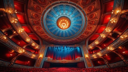 Grand theatre interior, ornate ceiling design and red seating.