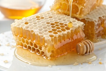 Golden Honeycomb Dripping Sweet Honey Close Up Delicious Natural Food