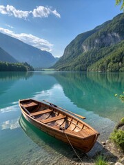 Obraz premium Wooden Rowboat on a Calm Turquoise Mountain Lake.