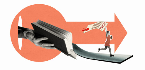 A creative collage showing a young woman running along a way that emerges from the pages of an open...