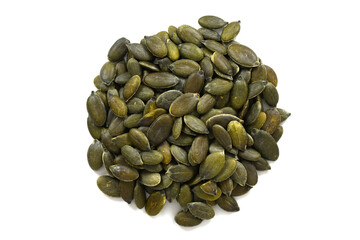 High-resolution image of raw organic pumpkin seeds scattered on a clean white background. Ideal for use in food, nutrition, healthy eating, vegan, or organic lifestyle themes.