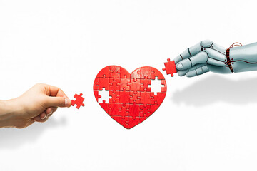 Fototapeta na wymiar A human hand and a robotic hand collaboratively fitting pieces of a heart-shaped puzzle. Symbolizes the growing connection, harmony and affection between humans and artificial intelligence.
