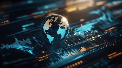 A glowing globe hovers above a detailed digital interface displaying world maps, charts, and data visualizations in an abstract composition.